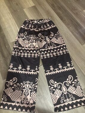 Black Wide Leg Patterned Palazzo Pants - Cream Motif